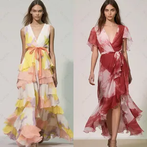 Hoa Kỳ Dropshipping Pre-Bán Thấp Moq Phụ Nữ Phụ Nữ Thanh Lịch Hoa Ruffle Voan Ăn Mặc Tiered Ruffle Dresses Cho Phụ Nữ