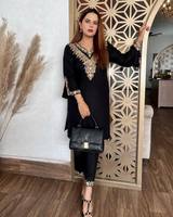 Travail manuel noir Eid Festival porter velours costume pakistanais lourd ethnique cousu Salwar Kameez et Georgette matériel
