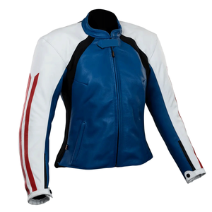 Women's Premium Quality Genuine Leather Racing Motorbike Jacket CE Armours Protection Blue White Motorcycle Jacket For Women - Product Image 3