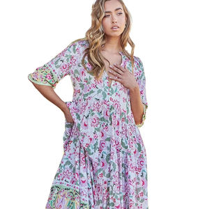 2026 Most Popular Printed Three Quarter Sleeve V-Neck Floor Length Handmade Boho Long Maxi <b>Dress</b> - Product Image 1