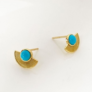 Boucles d'oreilles à la mode en forme d'éventail plaquées or turquoise 24 carats Design géométrique rond avec style tendance - Product Image 1