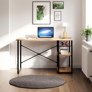 Bureau de jeu moderne en métal et bois, poste de travail à domicile avec étagère de rangement, table d'étude, bureau d'ordinateur - Product Image 4