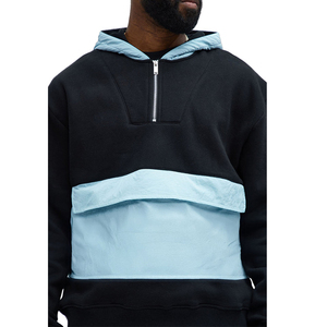 Sweat à capuche en molleton de coton pour homme, de haute qualité, à épaules tombantes, patchwork, demi-zip, surdimensionné, avec grande poche avant, blocs de couleur - Product Image 3