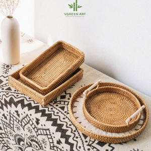 ถาดหวายทรงกลมทำมือจากวัสดุธรรมชาติ Vgreen Art ถาดเสิร์ฟหวายแบบกำหนดเองได้ ถาดใส่อาหารตกแต่งบ้าน - Product Image 5