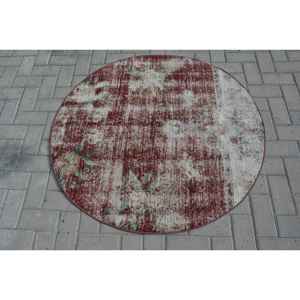 Alfombra Redonda Vintage de 3.9x4 pies, Alfombra Oriental Turca Roja y Verde de Lana con Diseño de Patchwork, Respaldo de Látex Ecológico - Product Image 3