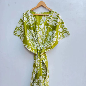 Vestido Kaftan Indio Hecho a Mano 100% Algodón Orgánico con Cuello en V, Estampado Floral, Largo hasta la Rodilla, Túnica India, Ropa de Fiesta de Verano, Vestido Largo para Mujer - Product Image 1