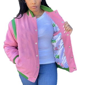 Blouson Bomber Unisexe Personnalisé en Laine Soie/Coton Rose Vert, Style Universitaire Grec, Streetwear, Imperméable, Printemps - Product Image 2