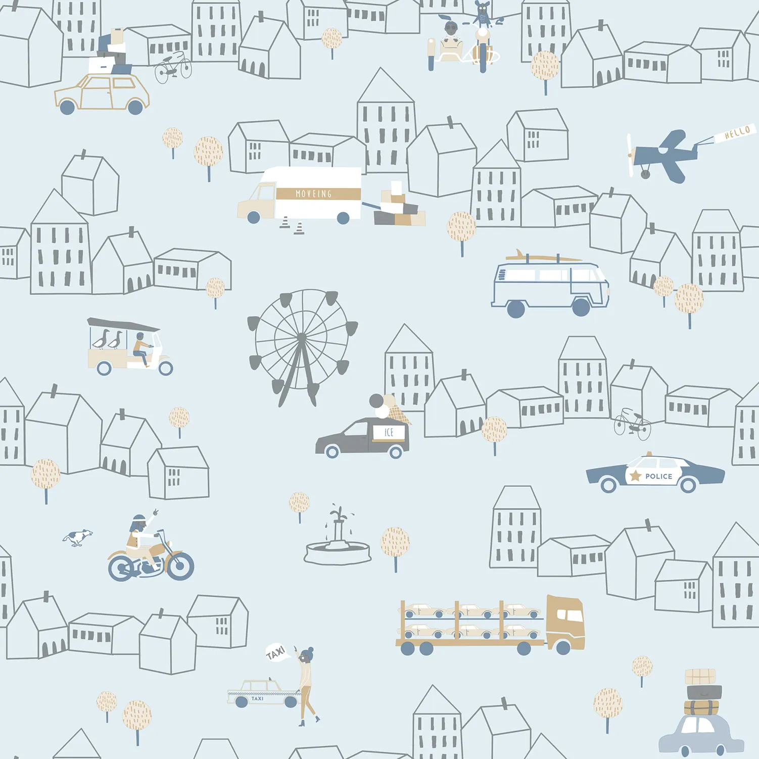 HIGH QUALITY MADE IN SPAIN INFANTILE WALLPAPER ROLL NOA CITY WIH CARS BLUE