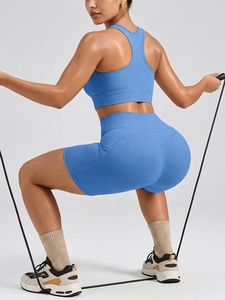Custom <b>Blue</b> 2 Piece Yoga Set Racerback Crop Top High Waist Shorts Seamless With Pockets Four Way Stretch Spandex Polyester - Product Image 3
