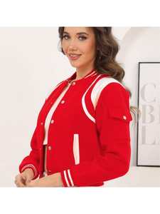 Chaqueta Universitaria Corta de Mujer, Estilo Béisbol, Bordada, Transpirable, con Forro de Lana y Cuero Genuino, Ligera - Product Image 2