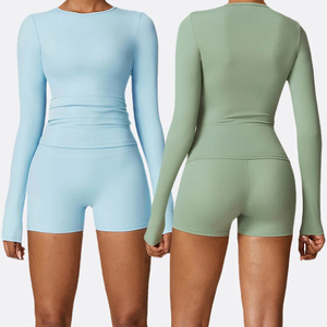 Women <b>Long</b> <b>Sleeve</b> Yoga Set 2 Piece Activewear Shorts Set Breathable Quick Dry Four Way <b>Stretch</b> Gym Running Wear - Product Image 2