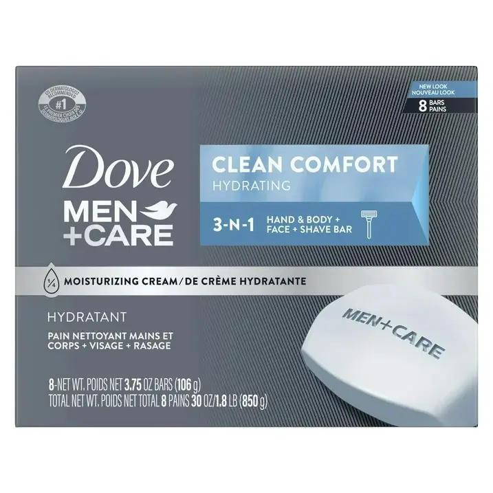 Dove Men + уход за телом + перекладина для лица мягкая формула для всех типов кожи, чистый комфорт, 3,75 унций (8 баров)