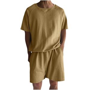 Vente en gros OEM personnalisé été couleur unie hommes chemise revers short à manches courtes sport décontracté été hommes deux pièces ensemble - Product Image 4
