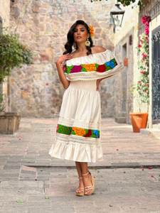 Mejor estilo mexicano caliente hermoso blanco bordado Pavo Real vestido señoras elegante verano bohemio Floral campesino Vestidos túnica - Product Image 5