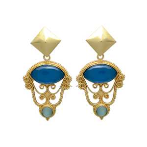 Nueva llegada largo chapado en oro hermoso diseño auténtico Aqua chaceldony y pendientes de piedras preciosas de cuarzo azul claro pendientes colgantes - Product Image 1