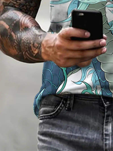 Camiseta con estampado gráfico de dragón de alta calidad para hombre, camiseta de talla grande de ganchillo de manga corta con técnicas infladas lavadas para hombre - Product Image 3