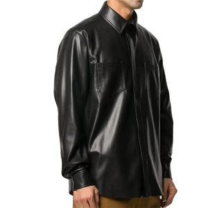 Custom Men Long Sleeve 100% Leather Finished Eco-Friendly Breathable Shirt with Two Front Patch Pockets - Product Image 2