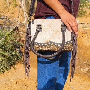 Handmade Large Cowhide Tote <b>Shoulder</b> Bag Genuine Leather with Tooling Patch and Matching <b>Straps</b> Portable Mid Hairon Design - Product Image 2