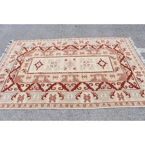 Tapis turc vintage 5x7,7 pieds, tapis en laine rouge et blanc style sud-ouest - Product Image 3
