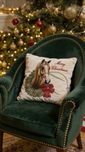 Housse de coussin de Noël de luxe en velours tissé motif cheval, 400 fils/cm², lavable, 50x50cm, broderie équestre Joyeux Noël - Product Image 2