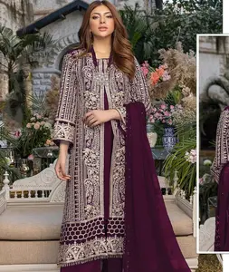 印度和巴基斯坦风格的重刺绣序列作品Salwar Kameez套装，乔其纱前侧蕾丝序列作品Dupatta