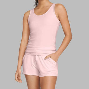 Camisetas sin mangas y pantalones cortos personalizables de verano por encima de la rodilla con patrón sólido para mujer, estilo informal tejido sin cuello, venta al por mayor - Product Image 2