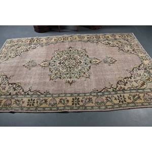 Alfombra turca Vintage Beige verde 5,5X9 pies hecha a mano estilo bohemio lana con respaldo de látex para cabecera patrón de retales rectangulares - Product Image 3