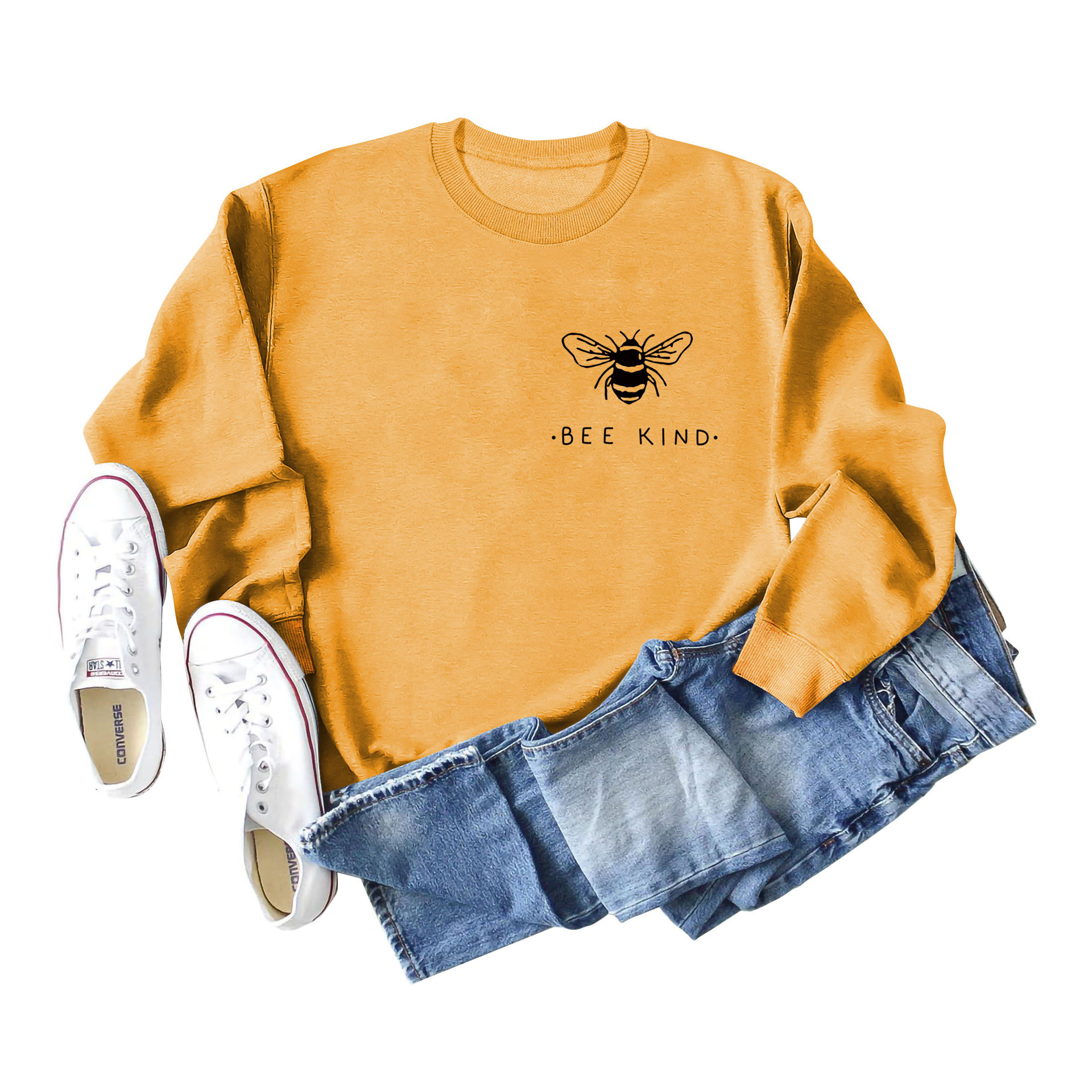 Yellow sweatshirt (black font) printed on the ches