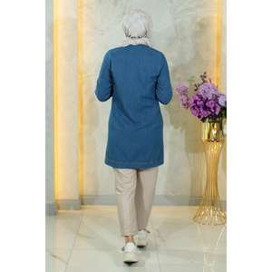 Blusa Casual de Satén y Mezclilla con Cuello Redondo y Manga Casquillo, Logotipo Personalizado, Talla XL, Transpirable, Larga, con Detalle de Piedras y Lazo Frontal con Botones, para Verano - Product Image 4