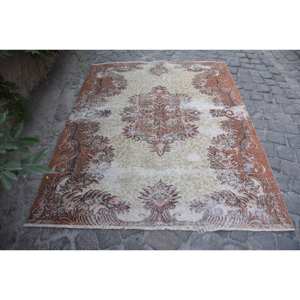 Vintage 5 X 6.4ft tapis turc Beige marron classique grande surface Rectangle Patchwork Design laine jonc de mer Latex pour couloir chambre - Product Image 1