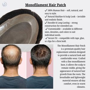 014 PBaria Dura Monofilament Cheveux Patch Toupet Premium Indien Remy Cheveux Texture Droite Moyen Conception Dentelle & PU Base - Product Image 4