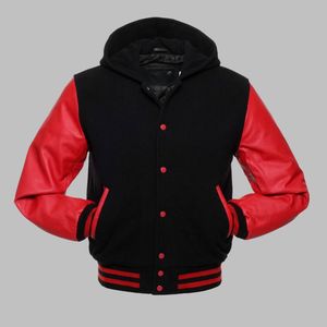 2025 veste universitaire personnalisée pour hommes avec capuche respirante vêtements d'hiver Letterman rouge véritable peau de vache manches en cuir nouvelle vente en gros - Product Image 1