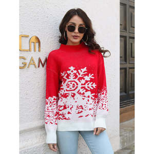 Maglione Casual da Donna con Motivo a Fiocchi di Neve, Collo Alto, Traspirante, in Maglia di Seta con Logo Frontale e Stampa Ricamata per l'Inverno - Product Image 3