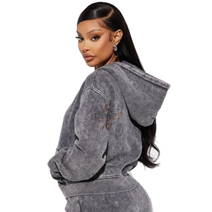 Survêtement décontracté pour femmes à la mode, lavé à l'acide, avec fermeture éclair, uni, 100% coton, personnalisable, de haute qualité, vente en gros - Product Image 3