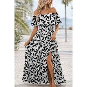 Women's Madonna Neckline, <b>Elasticated</b> Bust, Slit, Long Patterned Supreme <b>Dress</b>, 36141 - Black - Product Image 1