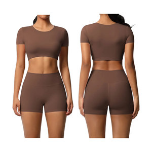 2025 Gym Wear Crop Top <b>Shorts</b> Sets High Strength Tight <b>Short</b> Sleeve Fitness Yoga Wear Crop Top Women's Clothing Sets - Product Image 1