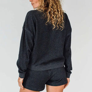 Women <b>Black</b> Fleece Lounge Set Long Sleeve Pullover and Shorts Two Piece Cozy Casual Outfit - Product Image 3