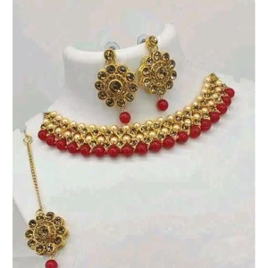 Juego de Collar de Perlas Rojas Chapado en Oro de 24K para Damas - Regalo de Boda - Product Image 2