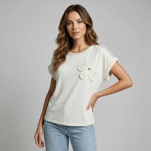 Blusa Casual de Corte Regular con Cuello Redondo, Mangas Murciélago Abullonadas, Detalles de Malla con Diamantes, Transpirable, Viscosa/Poliéster, Mangas Cortas, Primavera/Verano - Product Image 1