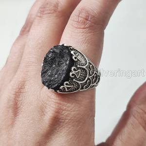 Bague en argent sterling 925 pour homme, avec pierre précieuse naturelle brute de tourmaline noire, pierre de naissance d'octobre, bijoux arabes raffinés, vente en gros - Product Image 2