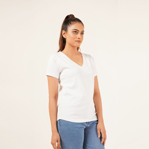 Camiseta con cuello de pico para mujer, precio al por mayor, tela de algodón de alta calidad, camisetas de moda para mujer, Camiseta básica de algodón informal para Yoga - Product Image 4