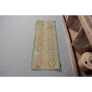 Classic Beige Blue 1.5x3.9ft Woolen Rug Handmade Vintage Turkish Design Patchwork Pattern Rectangular Shape for Living Latex - Product Image 1