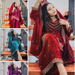 Ensemble Palazzo Kurti en rayonne de style pakistanais pour femme avec robe Dupatta pour fête droite Jacquard Patch Costume adulte Salwar Kameez - Product Image 1