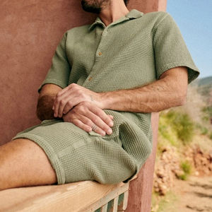 2026 Wholesale Custom Front Logo Breathable Solid Knitted Waffle Polo <b>Shirt</b> and Shorts Casual <b>Summer</b> Set <b>for</b> <b>Men</b> - Product Image 4