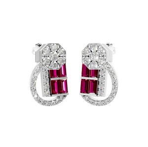 Exquis 950 Platine Fine Boucles D'oreilles Rubis Synthétique et Blanc VVS Moissanite Scintillant Halo pour Luxe Élégant Look De Fête - Product Image 3
