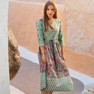 Robe Zahara imprimée à la main, robe bohème en coton, décontractée, occasionnelle, vacances, été, florale, turquoise, rose - Product Image 1
