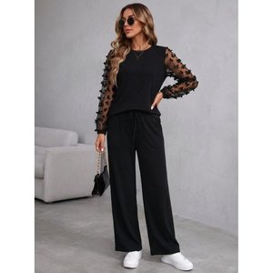 Ensemble deux pièces pour femme, chemisier à manches longues en viscose à deux fils et pantalon, col rond, manches en tulle, 37428 - Noir - Product Image 3