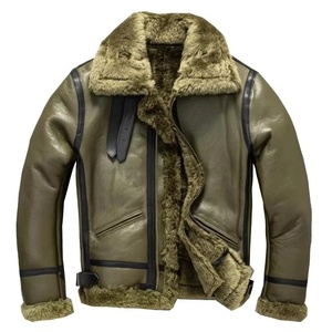 Men Olive Green Shearling 100% <b>Sheepskin</b> Fur Windproof Warm Genuine Leather Custom Manufacture In Pakistan - Product Image 4