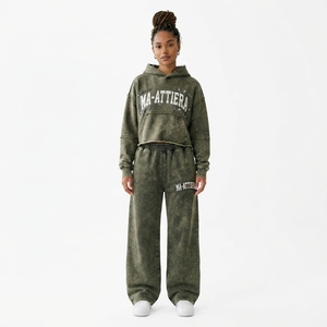 Ensemble survêtement streetwear surdimensionné en molleton de coton vert olive délavé pour femme, personnalisable, vente en gros OEM - Product Image 1