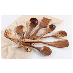 Ensemble d'ustensiles de cuisine en bois de teck naturel fait à la main, cuillère de cuisine en bois, spatule pour ustensiles de cuisine antiadhésifs, style de conception d'outils de cuisine - Product Image 2